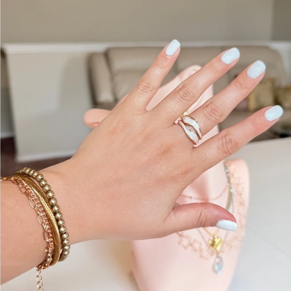 Gold Beaded and Chain Bracelet Set with White Enamel Ring - Picture 1 of 7